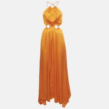 Pre Owned Elliatt Orange Satin Ring Detail Asymmetric Maxi Dress XXS