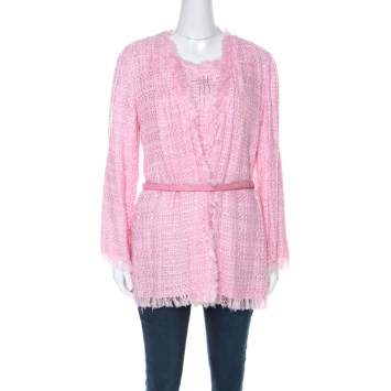 Pre Owned Emanuel Ungaro Pink Tweed Embellished Detail Top & Belted Jacket Set S
