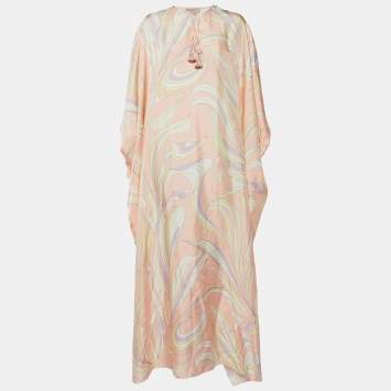 Pre Owned Emilio Pucci Peach Vortici Print Silk Kaftan One Size