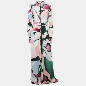 Pre Owned Emilio Pucci Multicolor Printed Silk Button Front Long Shirt Dress L 