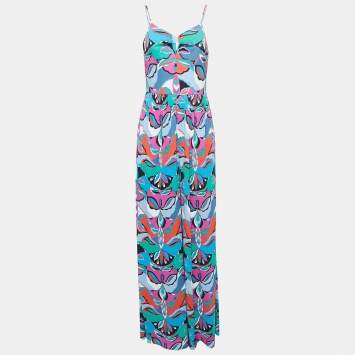 Pre Owned Emilio Pucci Multicolor Printed Jersey Strappy Wide-Leg Jumpsuit L