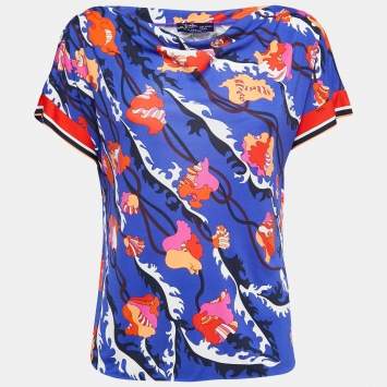 Pre Owned Emilio Pucci Archivio Blue Floral Print Jersey Short Sleeve Top M