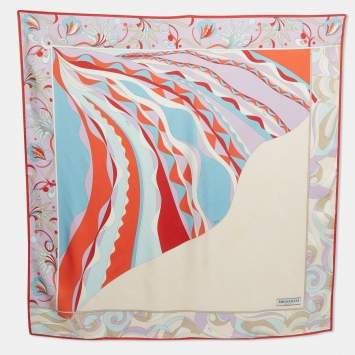 Pre Owned Emilio Pucci Orange/Blue Printed Silk Square Scarf
