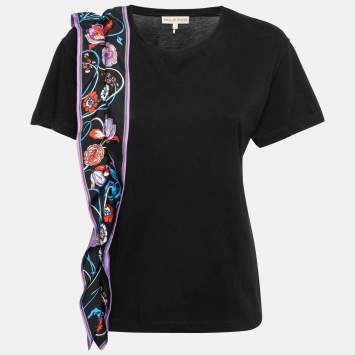 Emilio Pucci Black Floral Print Silk Frill Jersey T-Shirt S