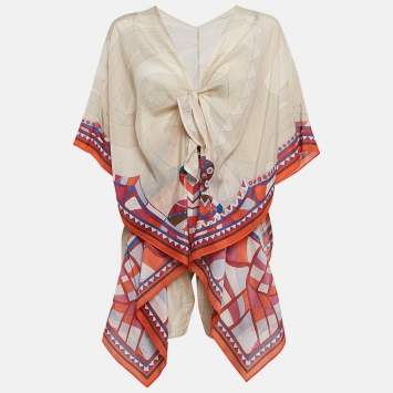 Pre Owned Emilio Pucci Beige/Orange Printed Cotton Blend Kaftan Style Playsuit M