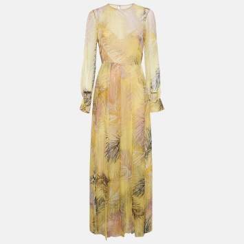 Pre Owned Emilio Pucci Yellow Feather Print Chiffon Slits Detail Maxi Dress M