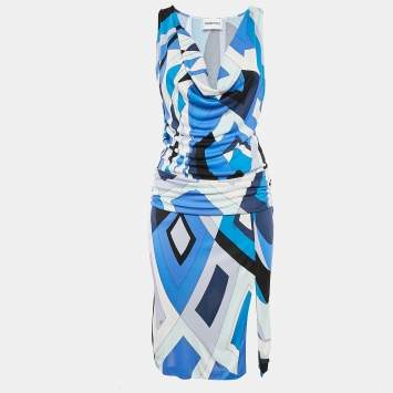 Pre Owned Emilio Pucci Blue Printed Jersey Cowl neck Midi Dress M