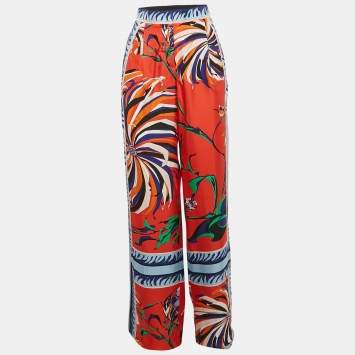 Pre Owned Emilio Pucci Multicolor Printed Silk Wide Leg Trousers S