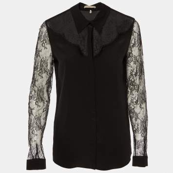 Emilio Pucci Black Silk Lace Trim Button Front Shirt M