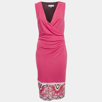 Pre Owned Emilio Pucci Pink Hem Print Jersey Sleeveless Midi Dress M
