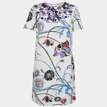 Pre Owned  Emilio Pucci White Floral Cotton Blend Embellished Mini Dress M 