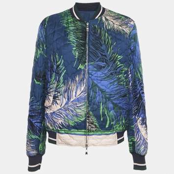 Pre Owned Emilio Pucci Multicolor/Navy Blue Printed Silk Zip-Up Reversible Bomber Jacket L