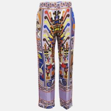 Pre Owned Emilio Pucci Purple/Orange Printed Silk Wide Leg Trousers S