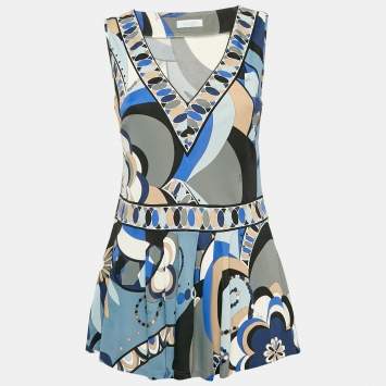 Emilio Pucci Blue/Multicolor Printed Jersey Sleeveless Top M