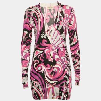 Pre Owned Emilio Pucci Pink Fluilio Print Stretch Knit Cardigan S