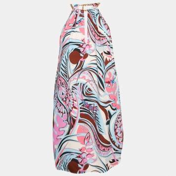 Pre Owned  Emilio Pucci Pink/Blue Fluilio Print Crepe Chain Strap Mini Dress M 