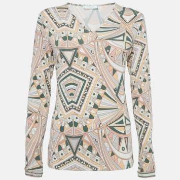 Emilio Pucci Multicolor Printed Jersey V-Neck Long Sleeve Top M