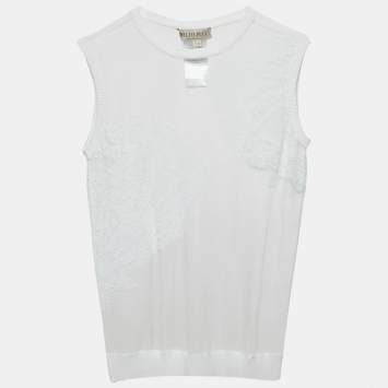 Pre Owned Emilio Pucci White Embroidered Mesh Sleeveless Top M