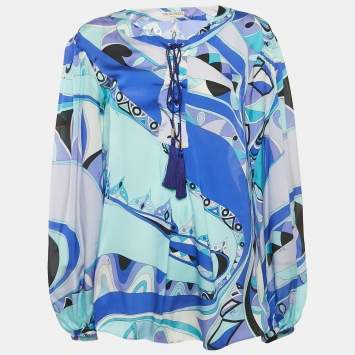 Pre Owned Emilio Pucci Blue Printed Silk Lace-Up Detail Top M