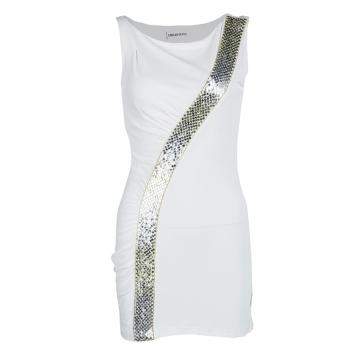 Pre Owned Emilio Pucci White Sequin Embellished Ruched Sleeveless Dress S