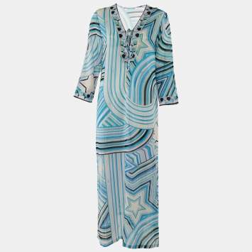 Pre Owned Emilio Pucci Blue Printed Cotton Long Dress L