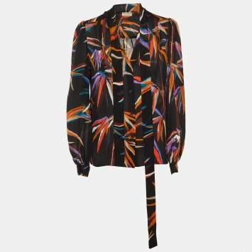 Pre Owned Emilio Pucci Black Floral Print Silk Button Front Blouse M 
