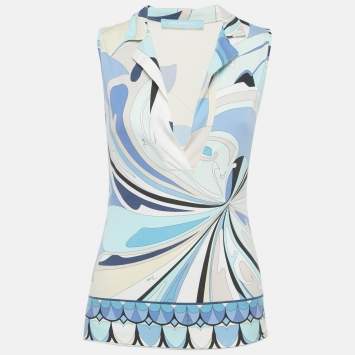 Pre Owned Emilio Pucci Blue Printed Cotton Sleeveless Shirt S