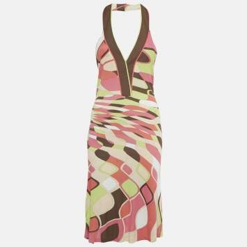 Pre Owned Emilio Pucci Multicolor Printed Jersey Halter Neck Short Dress S