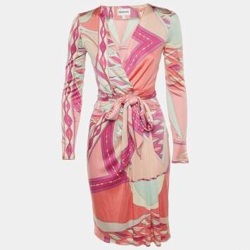 Pre Owned Emilio Pucci Multicolor Printed Silk Jersey Belted Midi Dress M