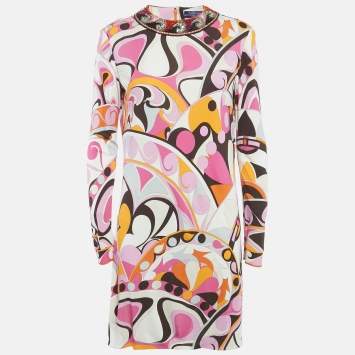 Pre Owned Emilio Pucci Multicolor Printed Jersey Embellished Collar Detail Short Dress L 