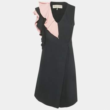 Pre Owned Emilio Pucci Black /Pink Crepe Frill Detail Short Dress M