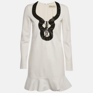 Pre Owned Emilio Pucci White Beaded Jersey Lace-Up Shift Dress S