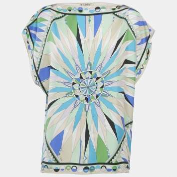 مملوكة مسبقًا Emilio Pucci Green/Blue Printed Silk Kaftan Top One Size