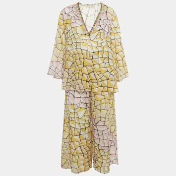 Pre Owned Emilio Pucci Yellow Printed Voile Top and Pants Set M/L