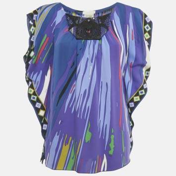 مملوكة مسبقًا Emilio Pucci Multicolor Embellished Printed Silk Kaftan Tunic Top M 