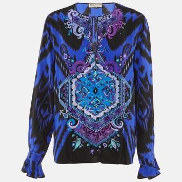 مملوكة مسبقًا Emilio Pucci Blue Suzani Print Silk Long Sleeve Blouse XL