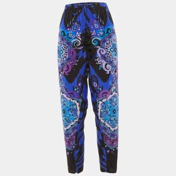 مملوكة مسبقًا Emilio Pucci Blue Suzani Print Silk Elasticized Waist Trousers L