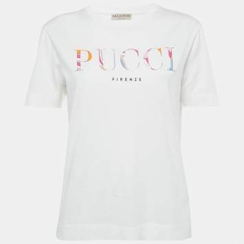 Pre Owned Emilio Pucci White Logo Applique Cotton T-Shirt L
