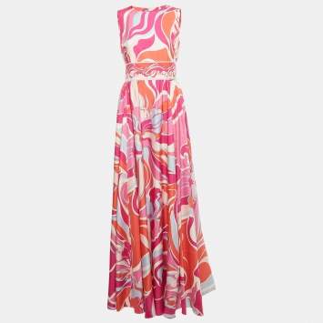 Pre Owned Emilio Pucci Pink Printed Silk Flared Maxi Dress M