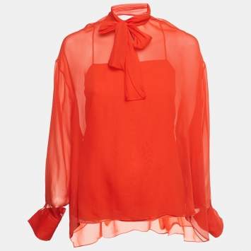 مملوكة مسبقًا Emilio Pucci Red Silk Neck Tie Detail Top S