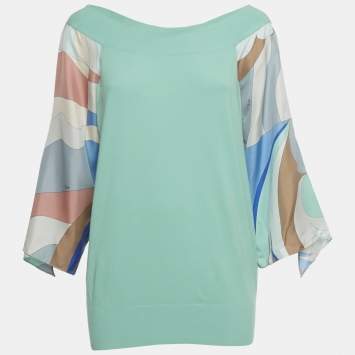 مملوكة مسبقًا Emilio Pucci Green Knit &Silk Printed Trim Detail Top M