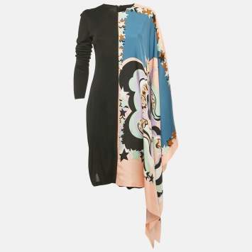 Pre Owned Emilio Pucci Multicolor Printed Jersey & Silk Overlay Panel Asymmetric Dress M