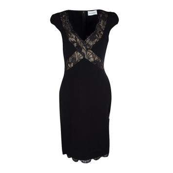 Pre Owned Emilio Pucci Black Scallop Lace Trim Detail Cap Sleeve Dress L
