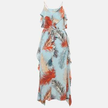 Pre Owned Emilio Pucci Blue Feather Print Silk Ruffle Midi Dress M