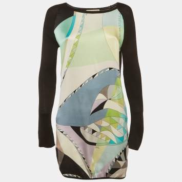 Pre Owned فستان ميني ايميلو بوتشي ساتان مطبوع أخضر / أسود وحياكة مطاطة مقاس متوسط