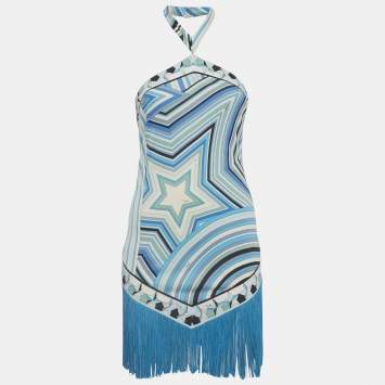 مملوكة مسبقًا Emilio Pucci Blue Printed Jersey Fringe Mini Dress S