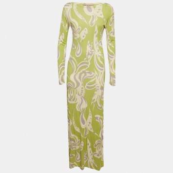 Pre Owned Emilio Pucci Green Printed Jersey Maxi Dress S