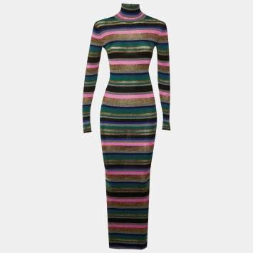 Pre Owned Emilio Pucci Multicolor Striped Lurex Knit Turtleneck Dress M