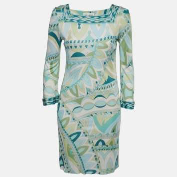 Pre Owned Emilio Pucci Blue/Green Geometric Print Jersey Mini Dress M