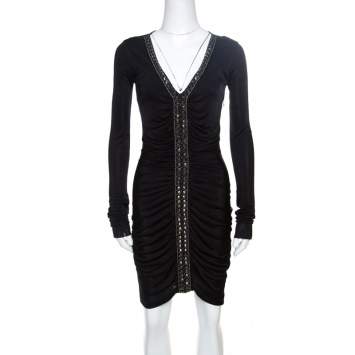 Pre Owned Emilio Pucci Black Ruched Jersey Rhinestone Embellished Long Sleeve Dress S